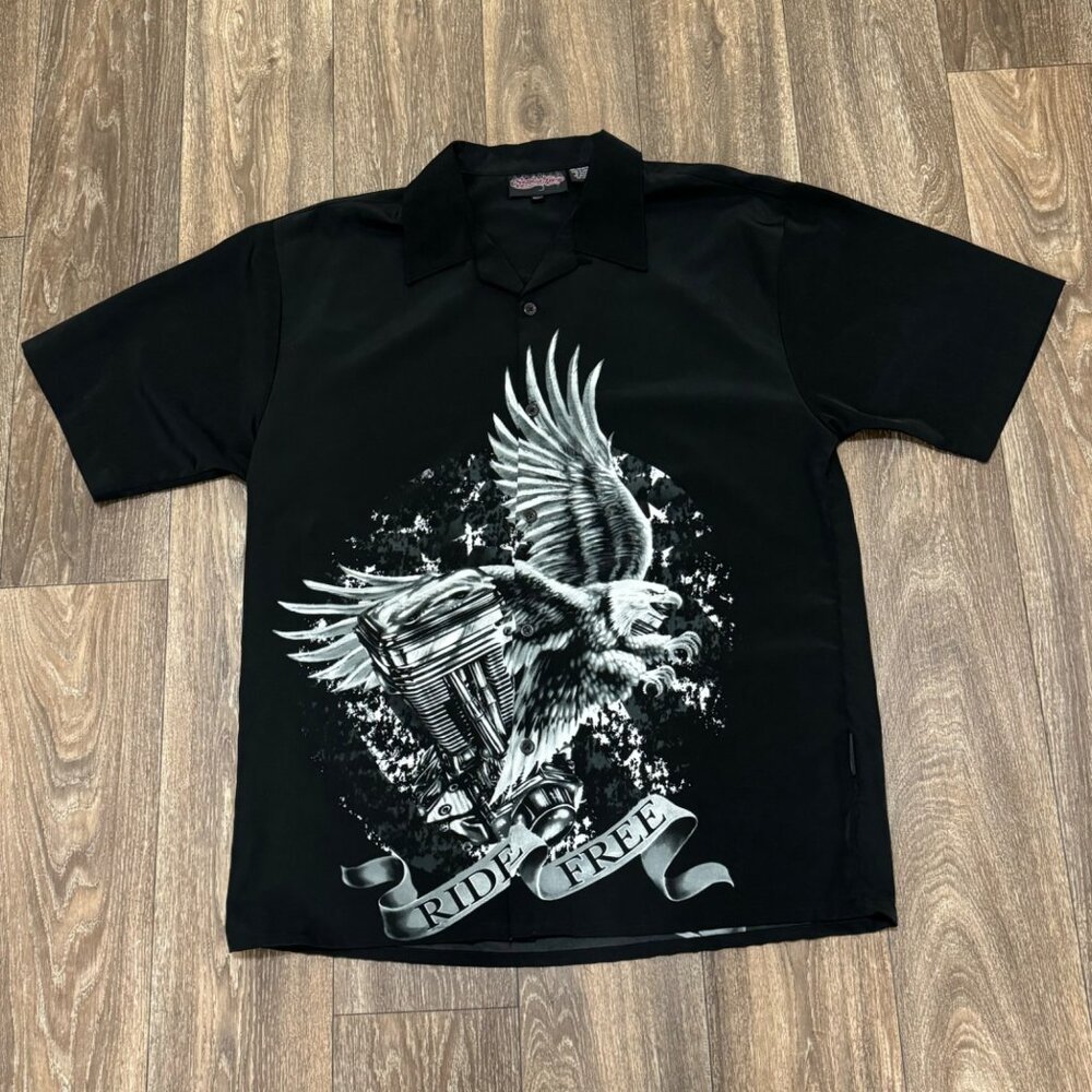 VTG Sapphire Lounge Short Sleeve Button Up Shirt Men's XXL Black Eagle Y2K 00s